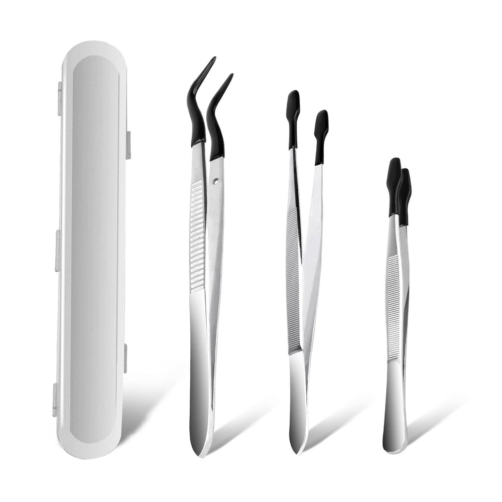 AngleKai 3PCS Tip Tweezers, Silicone Rubber Flat Tipped Tweezers Bent Tip for Jewelry Coin Stamp (Black)