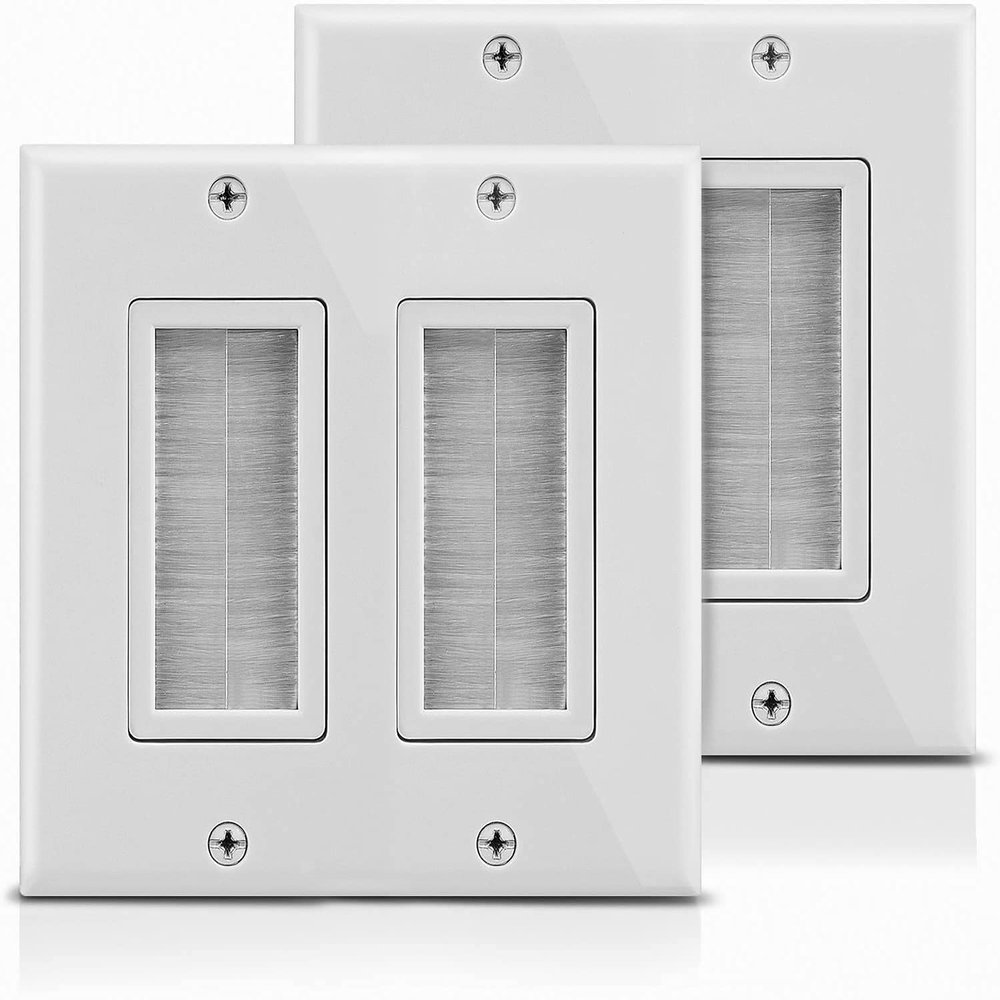 2 Pack Universal Double Brush 2 Gang Passthrough Wall Plate for all of your Audio Video Cables HDMI, Streaming Cables, Cat 5, Cat6 Network and Gaming Cables