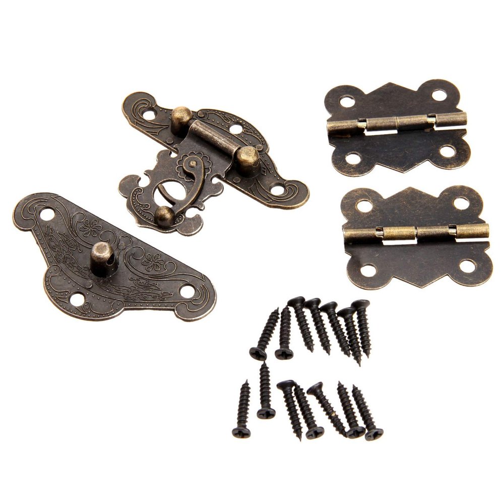 Door Hasp Latch 1Pc Antique Bronze Jewelry Wooden Box Lock Case Toggle Hasp Latch with 2Pcs Cabinet Hinges Iron Vintage Furniture Hardware