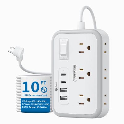 Power Strip 10 ft, Flat Plug Extension Cord with 6 Outlets 4 USB Ports, Outlet Extender Long Cord, Overload Protection, Extension Cord with Multiple Outlets for Indoor, Home, Office