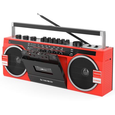AudioBox RXC-25BT Retrobox 2 Way Speaker System Boombox w/Bluetooth Connectivity, AM/FM/SW, USB and SD Card Connection, & Cassette Player, Red