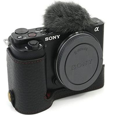BolinUS ZV-E10 Case, Handmade PU Leather Half Camera Case Bag Cover Bottom Opening Version for Sony ZV-E10 ZVE10 With Hand Strap (Black)