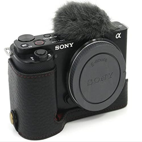 BolinUS ZV-E10 Case, Handmade PU Leather Half Camera Case Bag Cover Bottom Opening Version for Sony ZV-E10 ZVE10 With Hand Strap (Black)