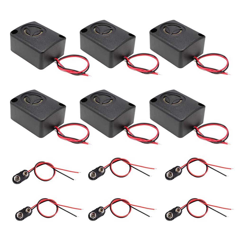 ShangHJ 6 Sets 110dB Electronic Mini Piezo Alarm Siren DC 12V Insurance Anti-Theft High-Decibel Active Buzzer Alarm with 9V Battery Clip Buckle I Type Connector Plastic Hard Shell Black for Car Safes