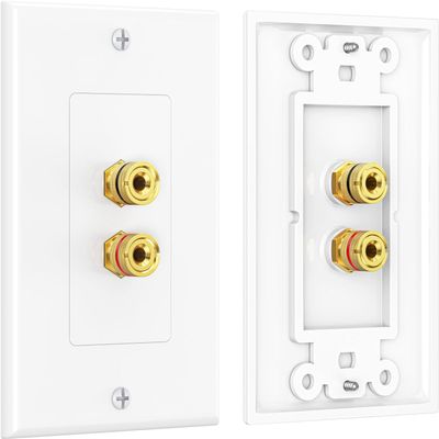 2-Pack Speaker Wire Wall Plate in White. Color Coded Red/White Wall Plate easy to install. Accepts Bare Wire, Speaker Pins or Banana Plugs.