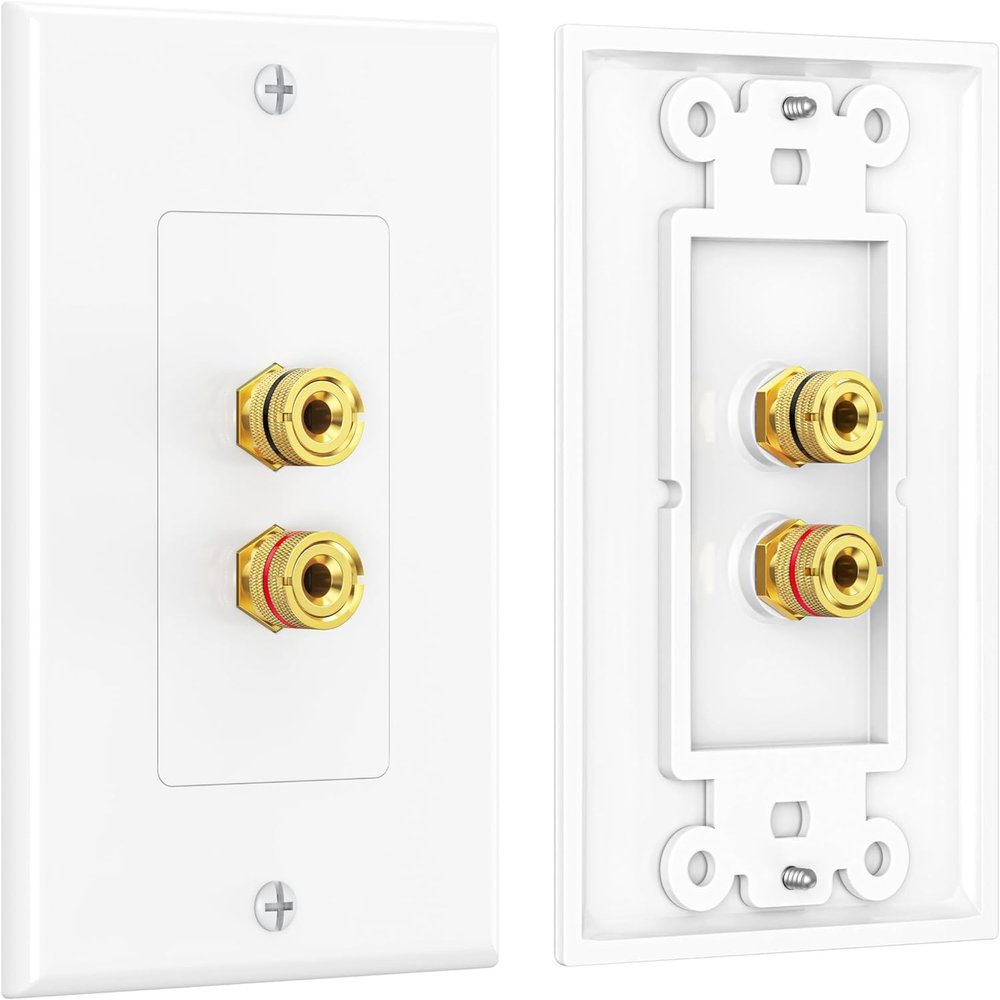 2-Pack Speaker Wire Wall Plate in White. Color Coded Red/White Wall Plate easy to install. Accepts Bare Wire, Speaker Pins or Banana Plugs.