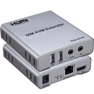 60M USB KVM HDMI Extender with 1080P R/L Audio by CAT5E Cat6 RJ45 Ethernet Cable Transmitter Receiver Audio Video Converter PC Laptop to TV Monitor