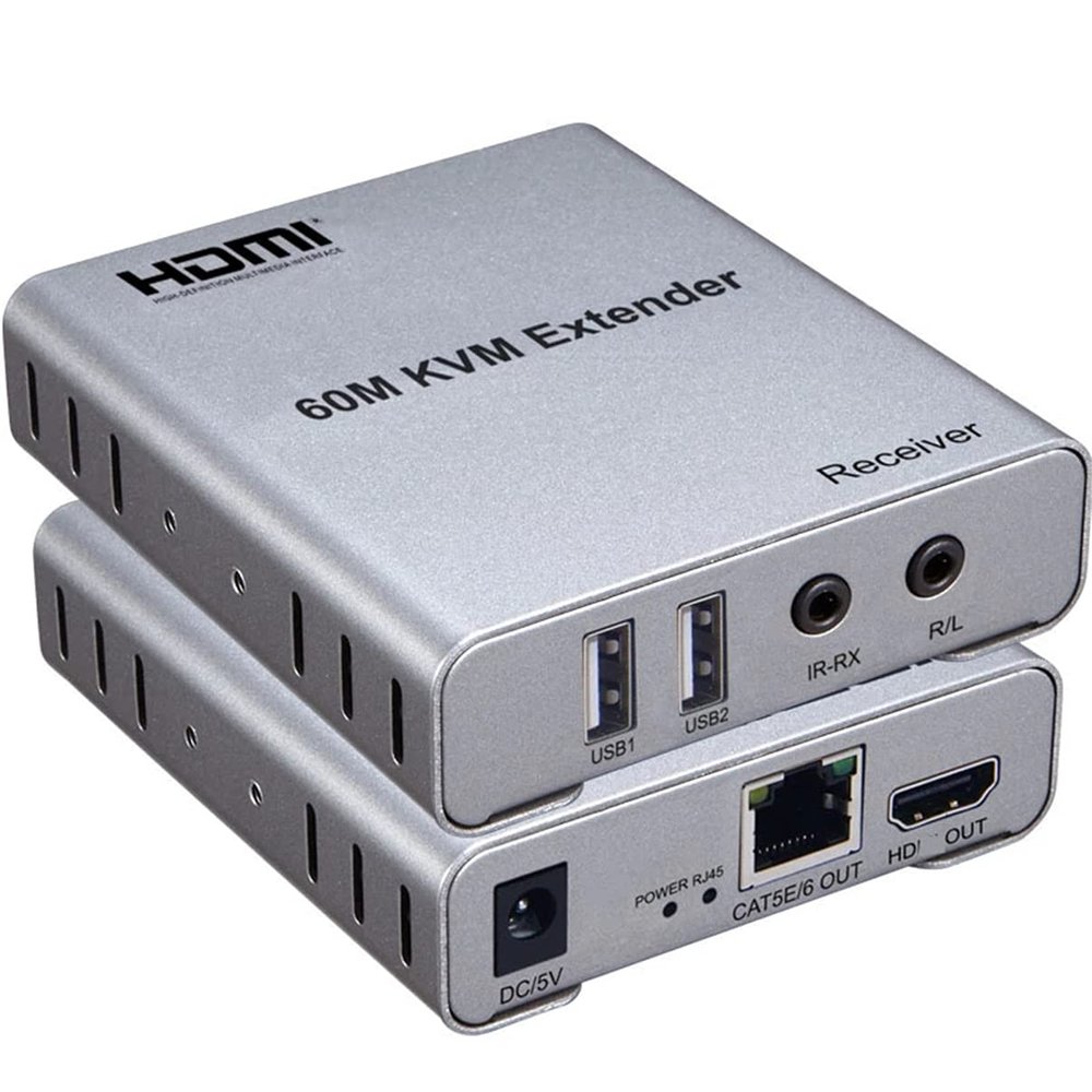 60M USB KVM HDMI Extender with 1080P R/L Audio by CAT5E Cat6 RJ45 Ethernet Cable Transmitter Receiver Audio Video Converter PC Laptop to TV Monitor