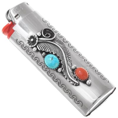 Alltribes Native American Turquoise Coral Stamped Silver Lighter Case Cover Sterling Leaf and Flower Design on Silver Housing 0100