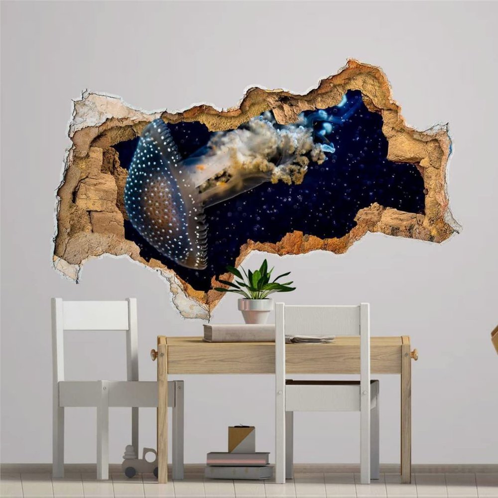 3D Wall Decal Nautical Nursery Decor 3D Depth Illusion Jellyfish in Hole Wall Decor Vinyl Mural Removable Wall Sticker Decal Poster Kid Wall Stickers Mural Smashed Wall Art Removable Poster,32'' ar422