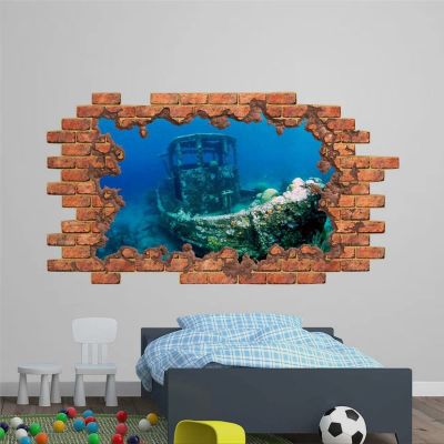 3D Wall Decal Nautical Nursery Decor 3D Depth Illusion Underwater Ship Wall Decor Wall Stickers Mural Smashed Wall Art Removable Poster Vinyl decals For Bedroom Living Room Playroom Nursery,32'' ar422