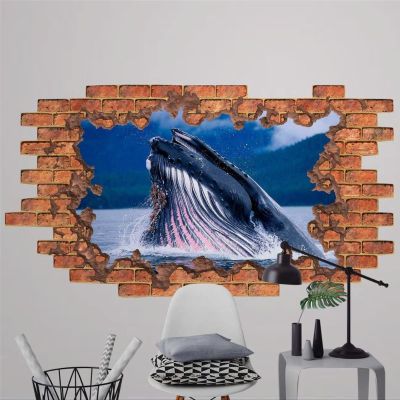 3D Wall Decal Nautical Nursery Decor 3D Depth Illusion Whale in Hole Wall Decor Wall Stickers Mural Smashed Wall Art Removable Poster Vinyl decals For Bedroom Living Room Playroom Nursery,32'' ar422