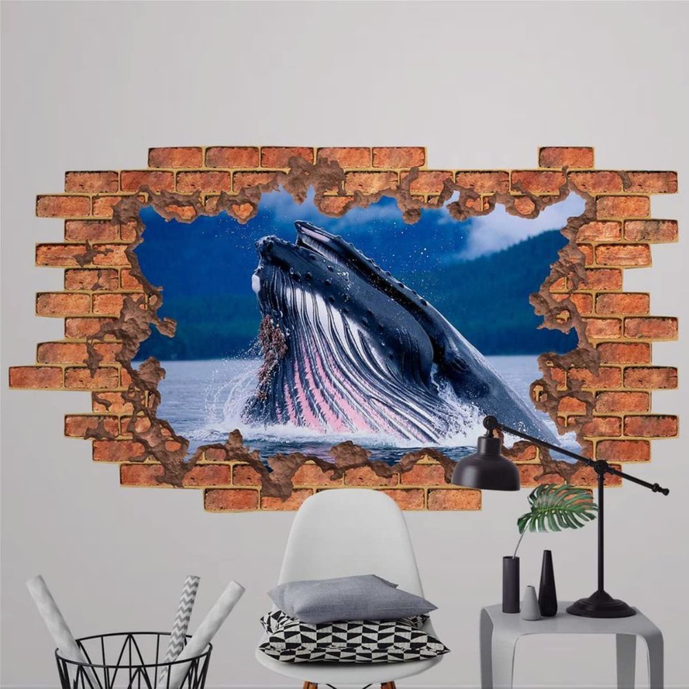 3D Wall Decal Nautical Nursery Decor 3D Depth Illusion Whale in Hole Wall Decor Wall Stickers Mural Smashed Wall Art Removable Poster Vinyl decals For Bedroom Living Room Playroom Nursery,32'' ar422