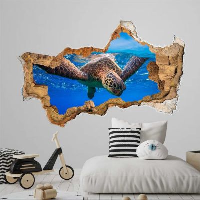 3D Wall Decal Turtle Nautical Underwater Nursery Decor 3D Depth Illusion Wall Decor Vinyl Mural Removable Wall Sticker Decal Poster Kid Wall Stickers Mural Smashed Wall Art Removable Poster,32'' ar422