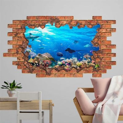 3D Wall Decal Nautical Nursery Decor 3D Depth Illusion Underwater Hole Wall Decor Wall Stickers Mural Smashed Wall Art Removable Poster Vinyl decals For Bedroom Living Room Playroom Nursery,32'' ar422