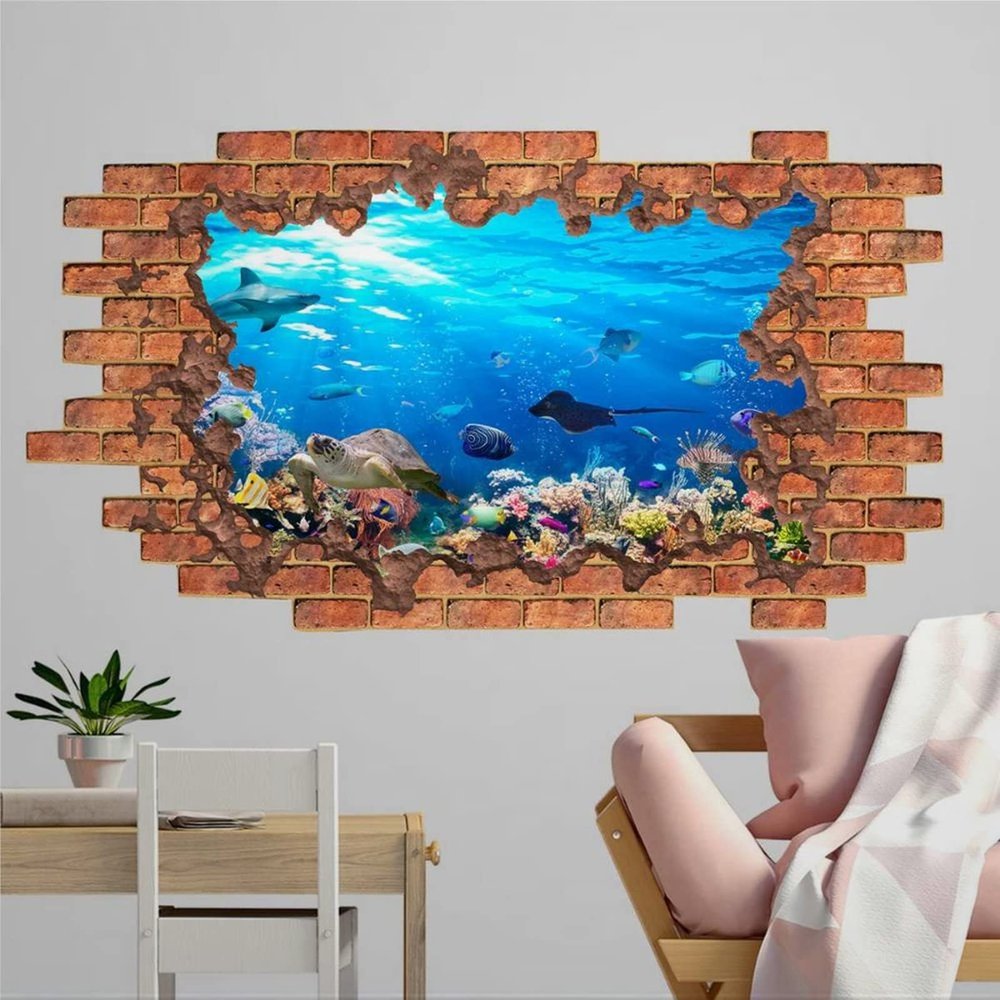 3D Wall Decal Nautical Nursery Decor 3D Depth Illusion Underwater Hole Wall Decor Wall Stickers Mural Smashed Wall Art Removable Poster Vinyl decals For Bedroom Living Room Playroom Nursery,32'' ar422