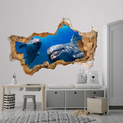 3D Wall Decal Nautical Nursery Decor 3D Depth Illusion Dolphin in Hole Wall Decor Wall Stickers Mural Smashed Wall Art Removable Poster Vinyl decals For Bedroom Living Room Playroom Nursery,32'' ar422