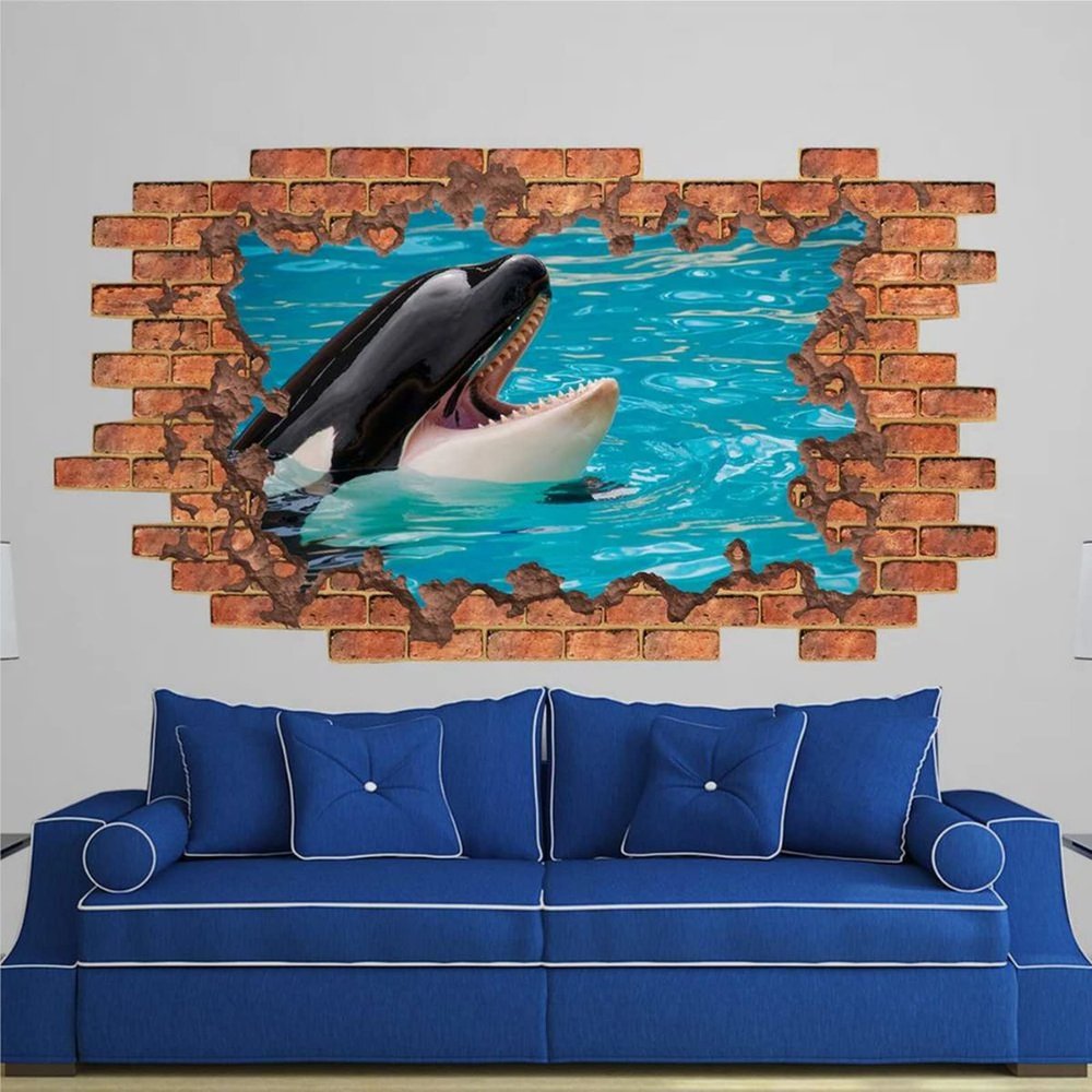 3D Wall Decal Nautical Nursery Decor 3D Depth Illusion Whale in Hole Wall Decor Wall Stickers Mural Smashed Wall Art Removable Poster Vinyl decals For Bedroom Living Room Playroom Nursery,32'' ar422