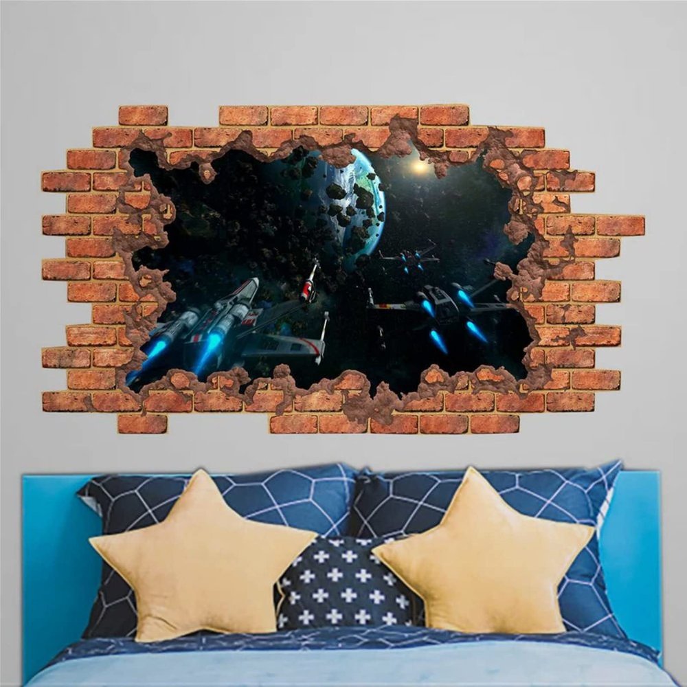 Star Space War Decal for Nursery Boy 3D Hole in Wall Window Decal Smashed Wall Decor Space Vinyl Sticker Boys Room 3D Poster Wall Stickers Mural Smashed Wall Art Removable Poster,32'' ar422