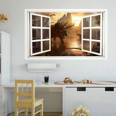 3D Window Dino Wall Decal Sticker Mural Dinosaur Fantasy dinosaur Park World Prehistoric Boys Kids Game Room Decor Scape Wall Stickers Mural Smashed Wall Art Removable Poster Vinyl decals,32'' ae423