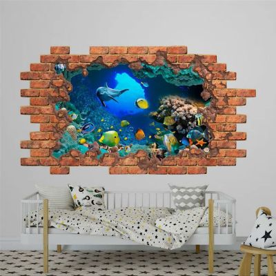 3D Wall Decal Nautical Nursery Decor 3D Depth Illusion Underwater Hole Wall Decor Wall Stickers Mural Smashed Wall Art Removable Poster Vinyl decals For Bedroom Living Room Playroom Nursery,32'' ar422