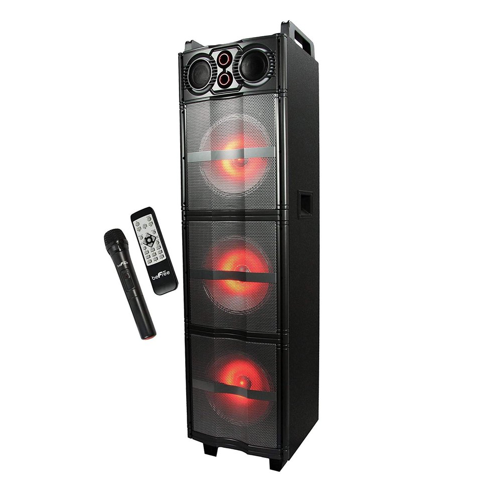 beFree Sound Triple 10 Inch Portable Bluetooth Subwoofer Speaker with Party Lights in Black, FM Radio, AUX Modes, 10 Subwoofers, Two top Handles, Rolling Wheels, Digital Display