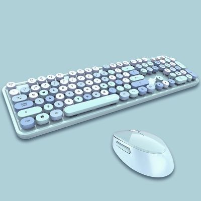 2.4G Full-Size Wireless Keyboard and Mouse Combo, Multi-Color Typewriter Style Round Keycap, Cute Candy Colors, Compatible with Notebook, PC (104 Keys,Blue)