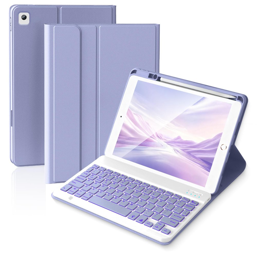 ABEIFAN Keyboard Case for iPad 9th Gen 2021 10.2 inch with Pencil Holder, Wireless Detachable Backlit Keyboard for iPad Pro en,Slim Folio Cover for ipad 8th Gen / 7th Gen Keyboard, Purple