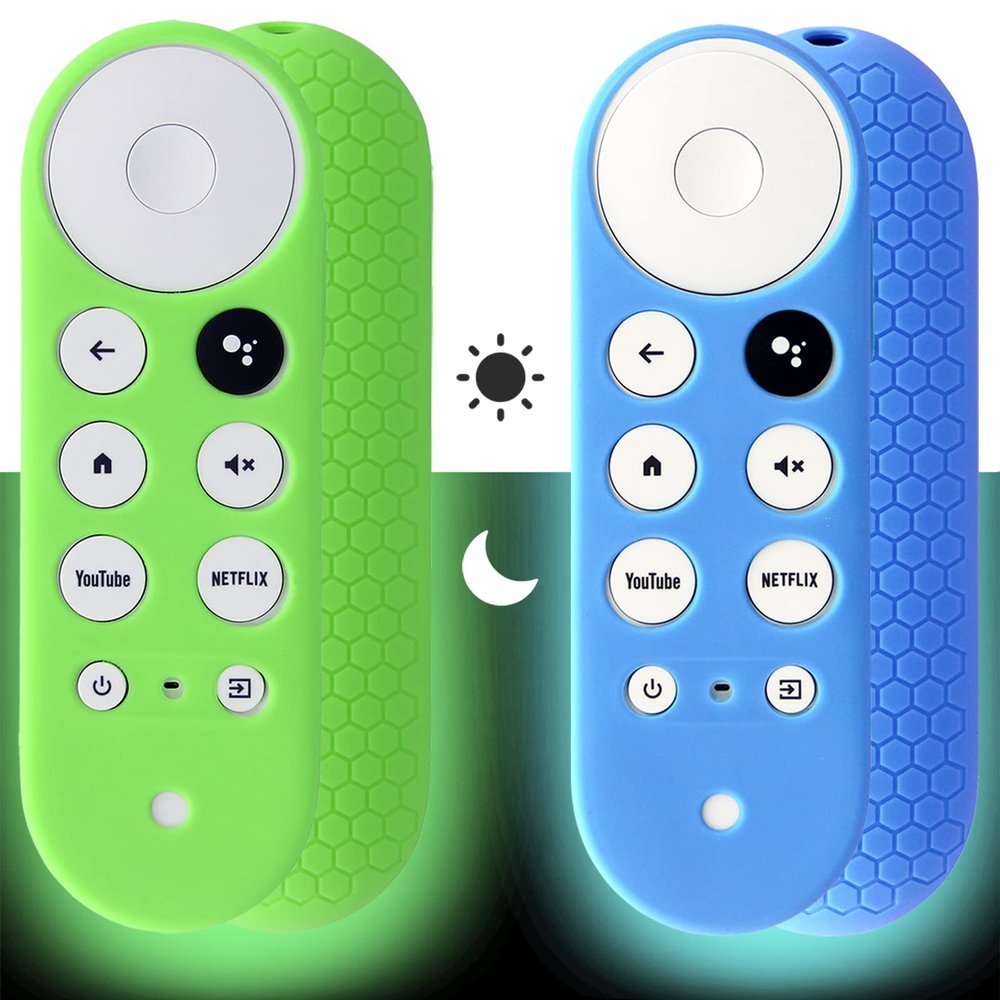 2pcs Remote Cover (Glow in The Dark) Compatible with 2020 Chromecast with Google TV Voice Remote, Pinowu Anti Slip Silicone Case Cover (Green and Blue)