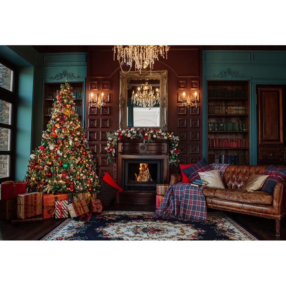 Leowefowa 3x2.5m Vinyl Christmas Backdrop Fireplace Xmas Tree Living Room Backdrop House Interior Christmas Theme Photo Background for Xmas New Year Party Kids Adult Photo Shoot Studio Props