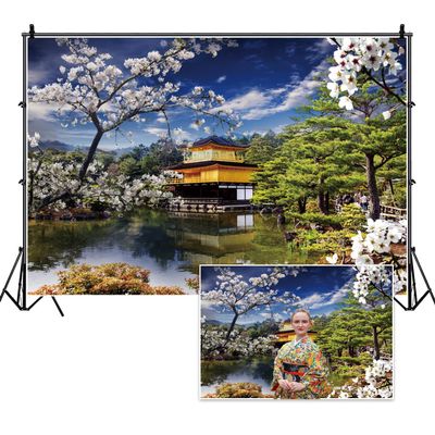 DORCEV 12x8ft Background for Spring Japan Scenery Photography Backdrop Japanese Temple White Cherry Landscape Asian Travel Themed Birthday Party Wedding Portrait Photo Studio Props Wallpaper