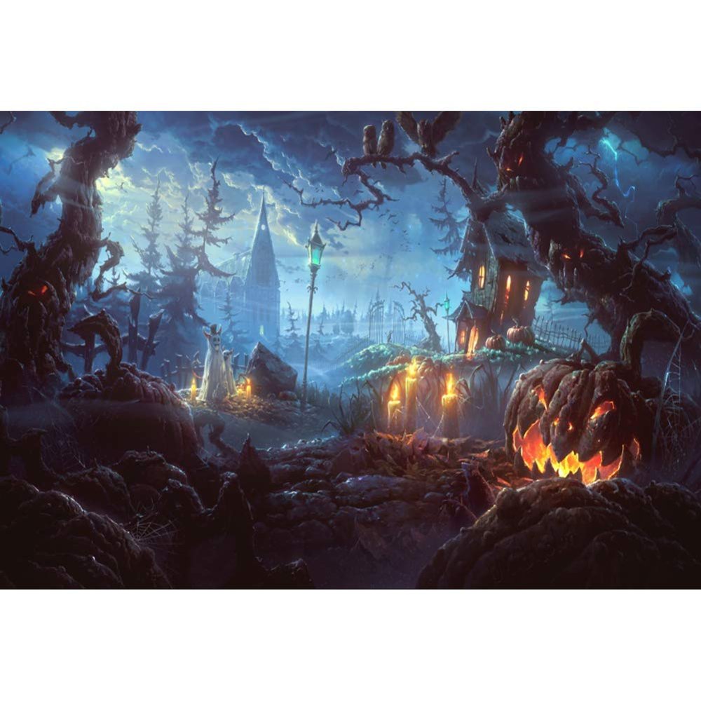 DORCEV 12x8ft Halloween Theme Photography Backdrop Cemetery Night Halloween Terror House Party Background Dark Night Dead Trees Haunted House Pumpkin Cosplay Party Banner Kids Adult Photo Studio Props