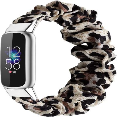 Scrunchies Compatible with Fitbit Luxe Bands, Women Fancy Elastic Bracelet Stretch Soft Fabric Replacement Wristbands Straps for Fitbit Luxe Fitness Tracker, Small/Large (Leopard, Small)