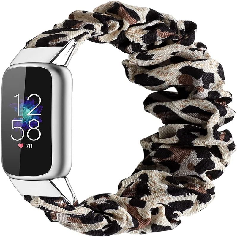 Scrunchies Compatible with Fitbit Luxe Bands, Women Fancy Elastic Bracelet Stretch Soft Fabric Replacement Wristbands Straps for Fitbit Luxe Fitness Tracker, Small/Large (Leopard, Small)