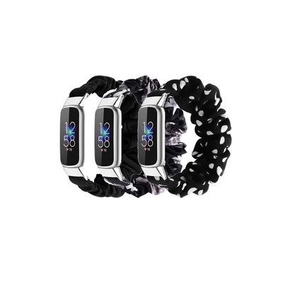 Chofit 3-Pack Bands Compatible with Fitbit Luxe Band Scrunchies Cloth Soft Fancy Classic Floral Print Replacement Wristbands Women Band for Fitbit luxe Tracker (Large, Black Pattern)
