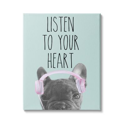 Stupell Industries Listen to Your Heart Phrase Headphones French Bulldog, Design by Sd Graphics Studio Canvas Wall Art, 30 x 40, Blue