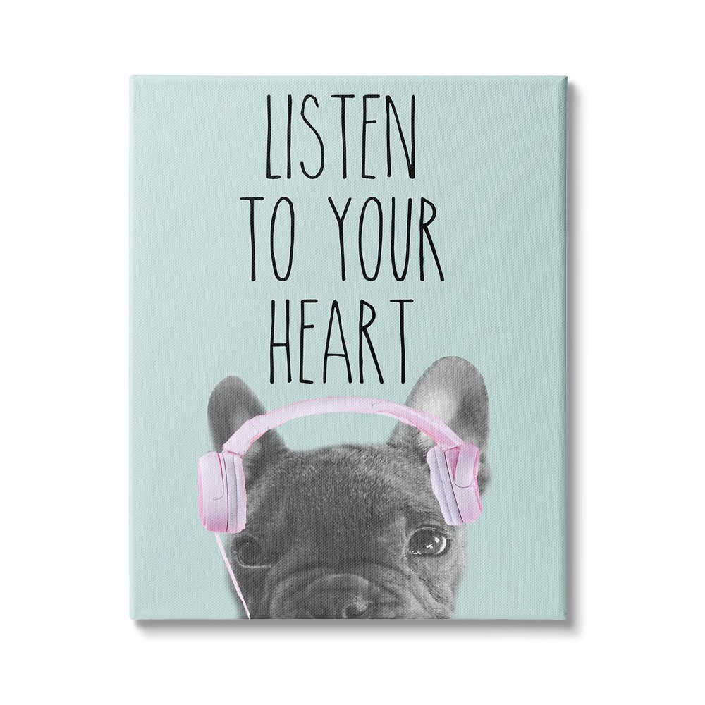 Stupell Industries Listen to Your Heart Phrase Headphones French Bulldog, Design by Sd Graphics Studio Canvas Wall Art, 30 x 40, Blue