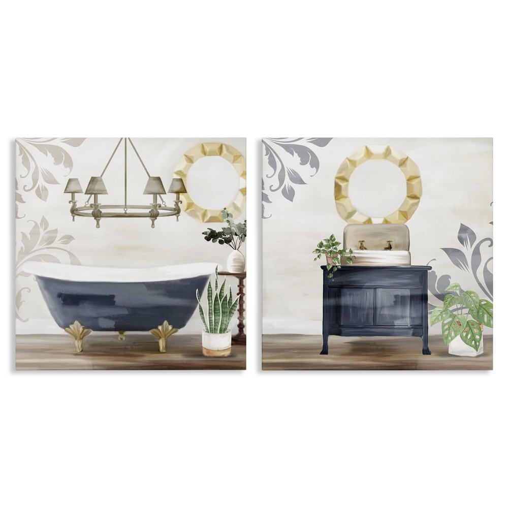 Stupell Industries Chic Bathroom Interior Still Life Bathtub Sink Plants, Design by Kim Allen Canvas Wall Art, 2pc, Each 17 x 17, Blue