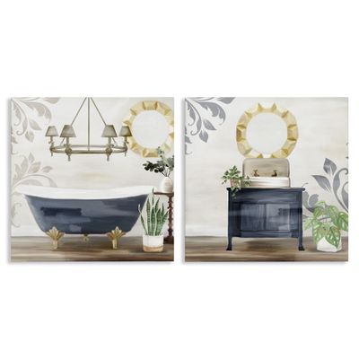 Stupell Industries Chic Bathroom Interior Still Life Bathtub Sink Plants, Design by Kim Allen Canvas Wall Art, 2pc, Each 24 x 24, Blue