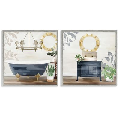 Stupell Industries Chic Bathroom Interior Still Life Bathtub Sink Plants, Design by Kim Allen Gray Framed Wall Art, 2pc, Each 17 x 17, Blue