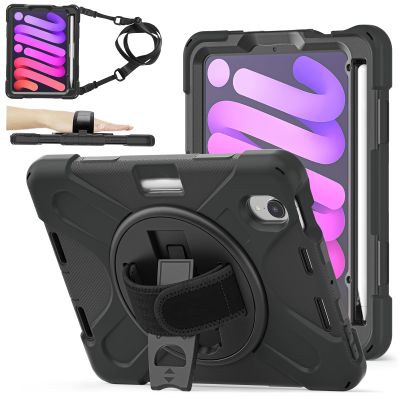ZenRich Shockproof Case for iPad mini 7 (A17 Pro) 2024/ iPad mini 6th 2022, Heavy Duty Rugged Case with Pencil Holder/360Rotating Kickstand/Handle/Carrying Shoulder Belt,Black