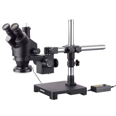 AmScope SM-3TX-144A-B 3.5X-45X Black Trinocular Stereo Zoom Microscope on Single Arm Boom Stand + 144 Direction Adjustable LED Ring Light