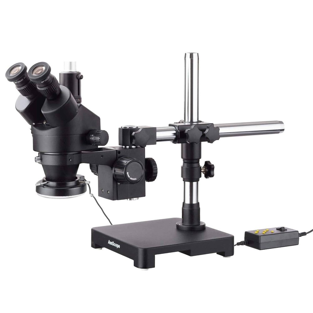 AmScope SM-3TX-144A-B 3.5X-45X Black Trinocular Stereo Zoom Microscope on Single Arm Boom Stand + 144 Direction Adjustable LED Ring Light