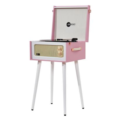 Arkrocket Discovery II 3-Speed Bluetooth Record Player Retro Console Turntable with Built-in Speakers and Removable Legs (Pink/White)