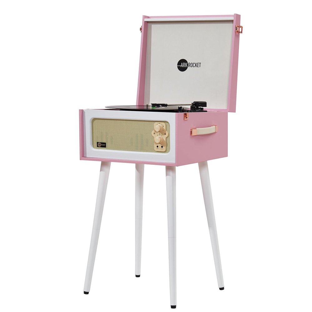 Arkrocket Discovery II 3-Speed Bluetooth Record Player Retro Console Turntable with Built-in Speakers and Removable Legs (Pink/White)