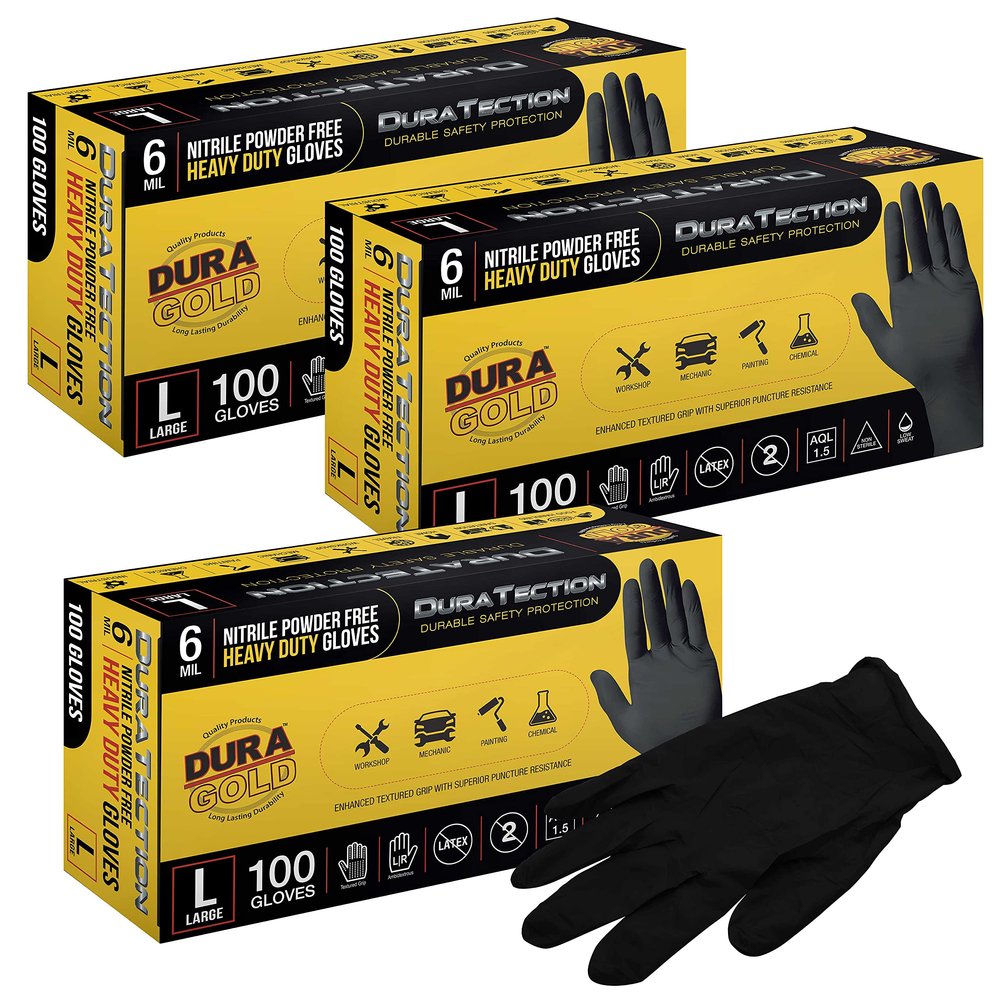 Dura-Gold HD Black Nitrile Disposable Gloves, 10 Boxes of 100, Size X-Large, 6 Mil - Latex Free, Powder Free, Textured Grip