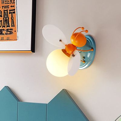 KWOKING Cartoons Wall Light 1 Light Cute Bee Shaped Kids Wall Sconce with Glass Shade for Girls Boys Bedroom