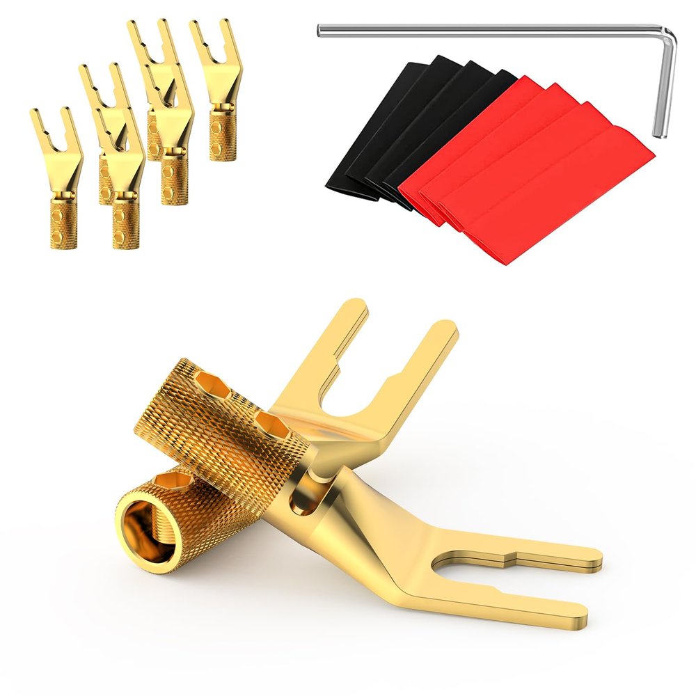 Tertullus 8 Pcs Speaker Spade Connectors Pure Copper Gold Plated Y Plug 45 Degree Screw Locking Adapter Fork Spade Plugs for Speaker Wire DIY(with Allen Wrench+Heat Shrink Tubing)