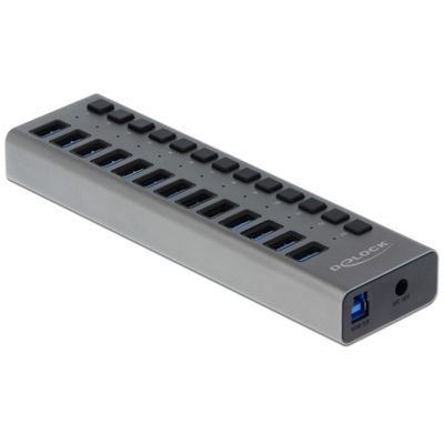 Delock 63738 USB 3.2 Gen 1 (3.1 Gen 1) Type-B 5000 Mbit/s Grey Aluminium USB Hub with 13 Ports + Switch for Windows, MacOS, Linux and Smartphones