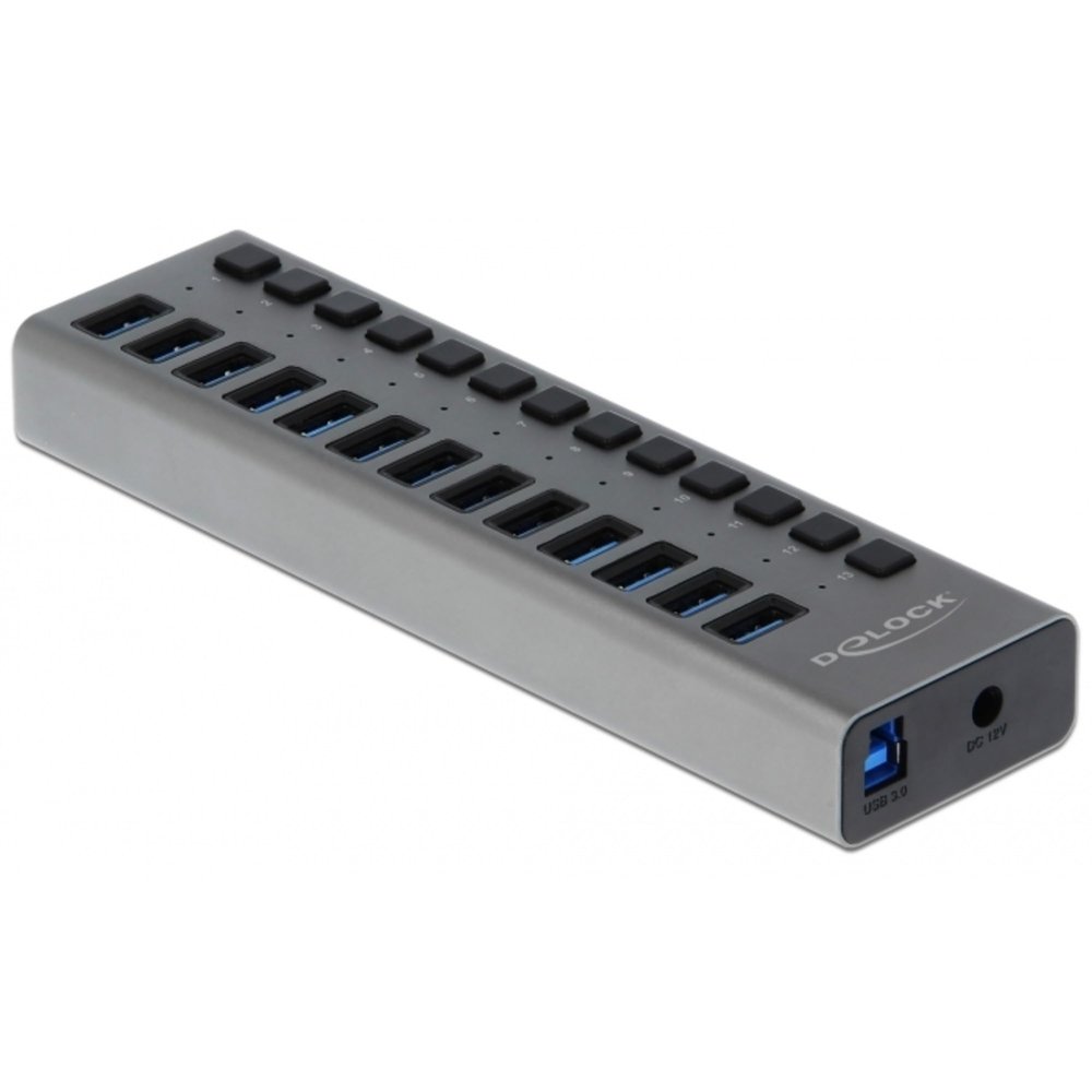 Delock 63738 USB 3.2 Gen 1 (3.1 Gen 1) Type-B 5000 Mbit/s Grey Aluminium USB Hub with 13 Ports + Switch for Windows, MacOS, Linux and Smartphones